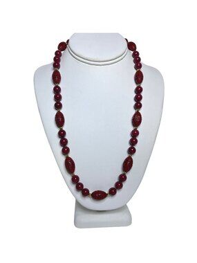 Brick Red Beaded Necklace With Gold Tone Accents (6369)